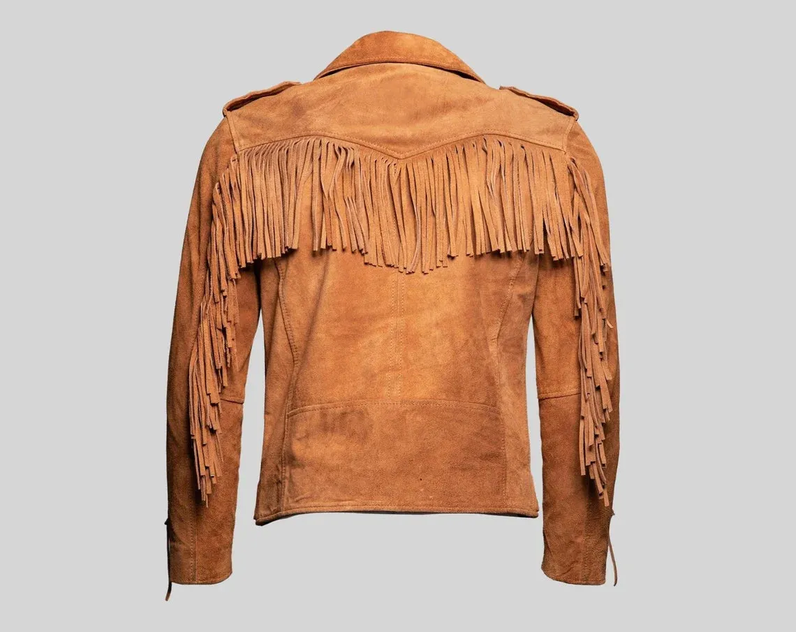 Men's Brown Suede Leather Belted Fringe Jacket, Midwest Western Style Fringe Jacket