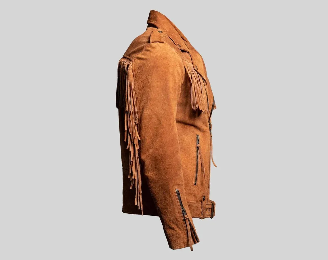 Men's Brown Suede Leather Belted Fringe Jacket, Midwest Western Style Fringe Jacket