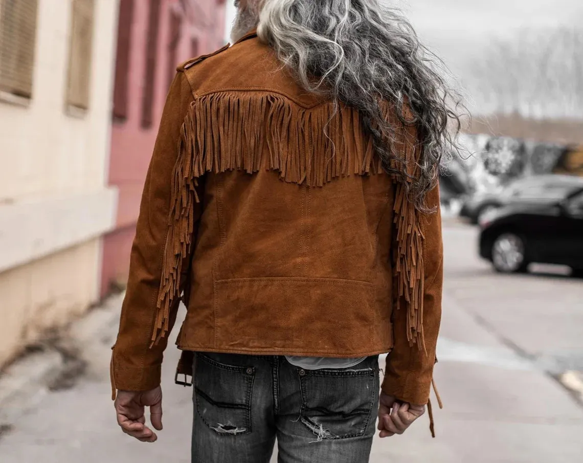 Men's Brown Suede Leather Belted Fringe Jacket, Midwest Western Style Fringe Jacket