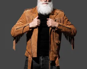 Men's Brown Suede Leather Belted Fringe Jacket, Midwest Western Style Fringe Jacket