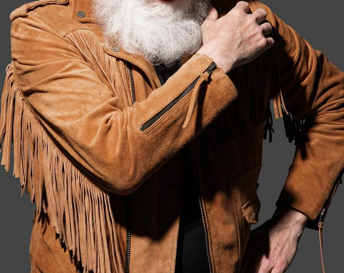 Men's Brown Suede Leather Belted Fringe Jacket, Midwest Western Style Fringe Jacket