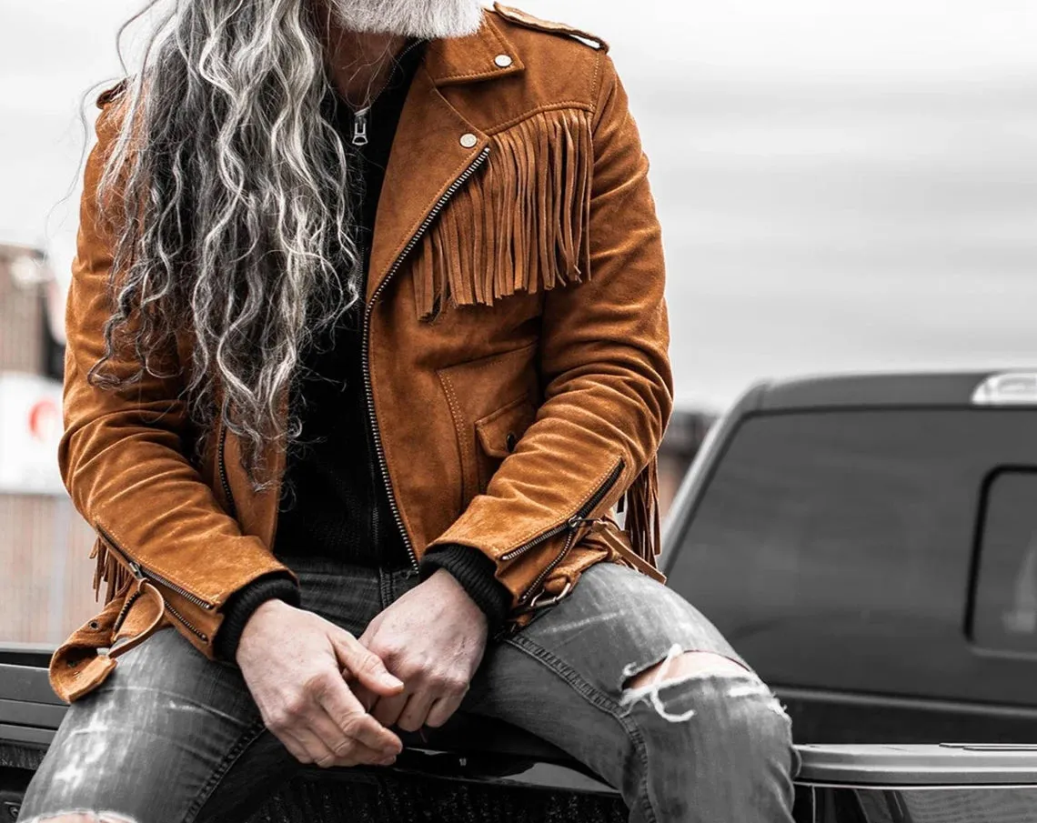 Men's Brown Suede Leather Belted Fringe Jacket, Midwest Western Style Fringe Jacket