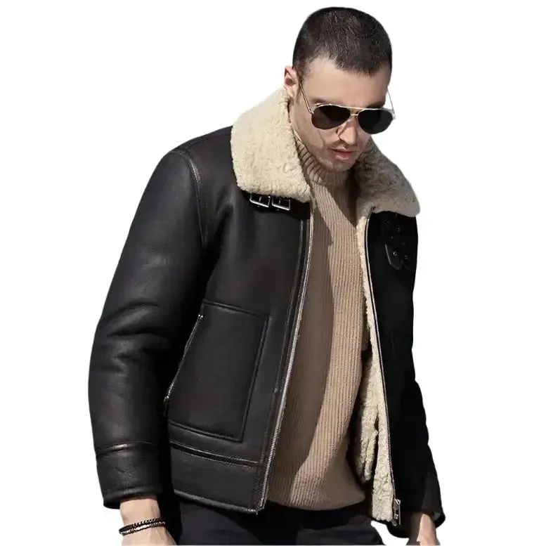 Men's Dark Brown Sheepskin Leather Shearling Motorcycle Jacket – Stylish & Warm