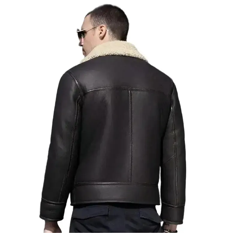 Men's Dark Brown Sheepskin Leather Shearling Motorcycle Jacket – Stylish & Warm