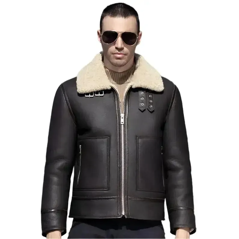 Men's Dark Brown Sheepskin Leather Shearling Motorcycle Jacket – Stylish & Warm