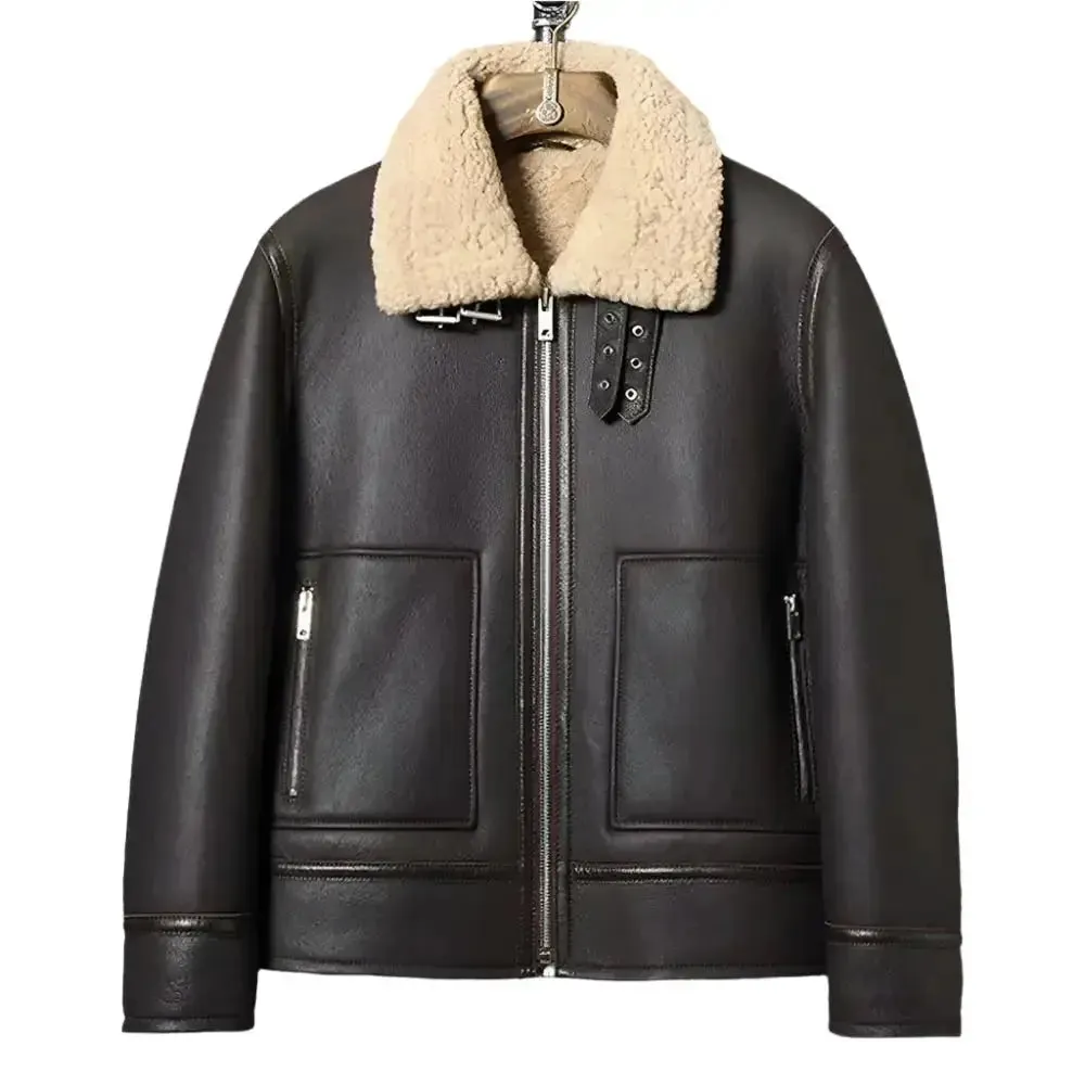 Men's Dark Brown Sheepskin Leather Shearling Motorcycle Jacket – Stylish & Warm