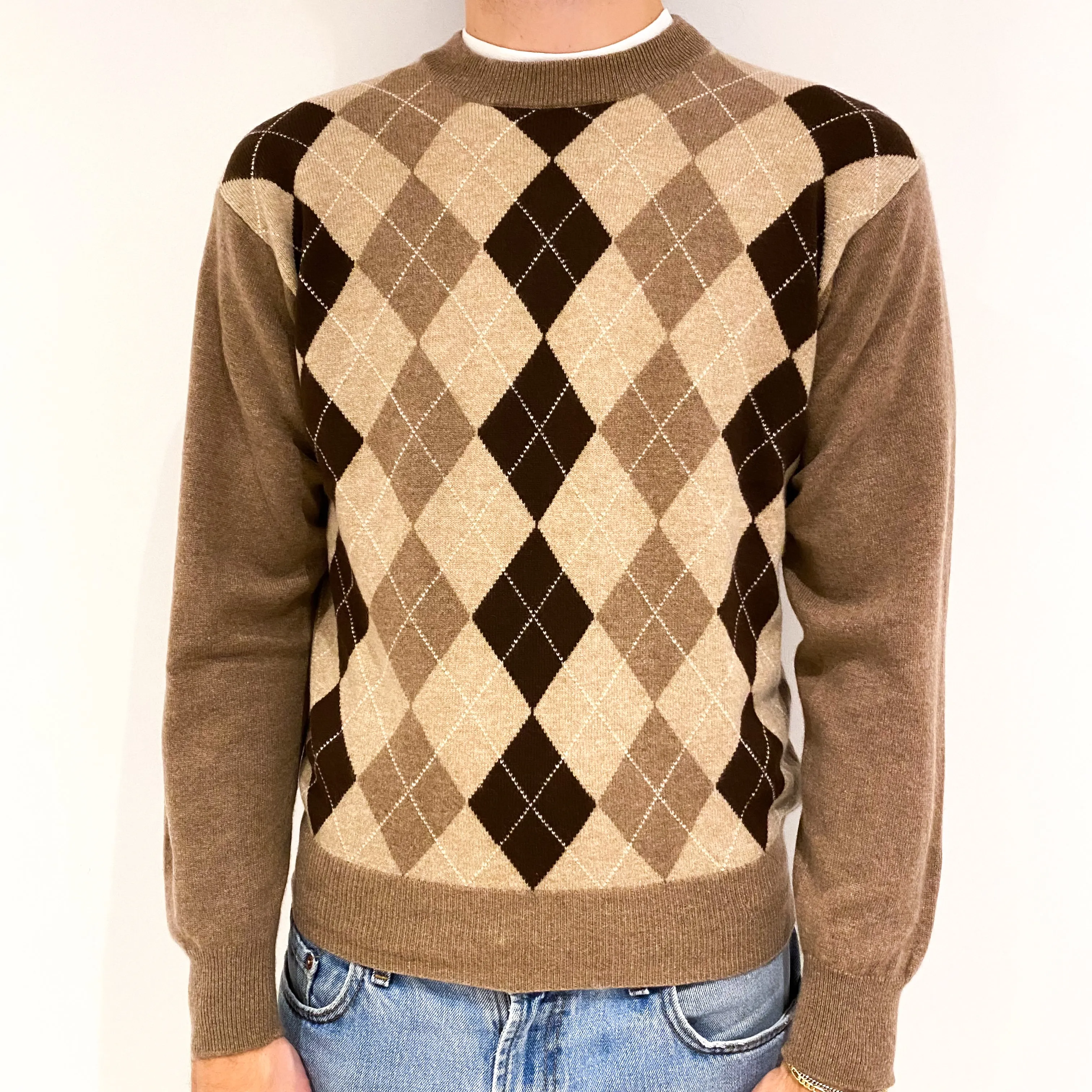 Men's Fudge Brown Argyle Pattern Cashmere Crew Neck Jumper Medium
