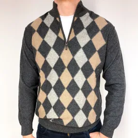 Men's Grey Beige Diamond Cashmere 1/4 Zip Jumper Extra Large
