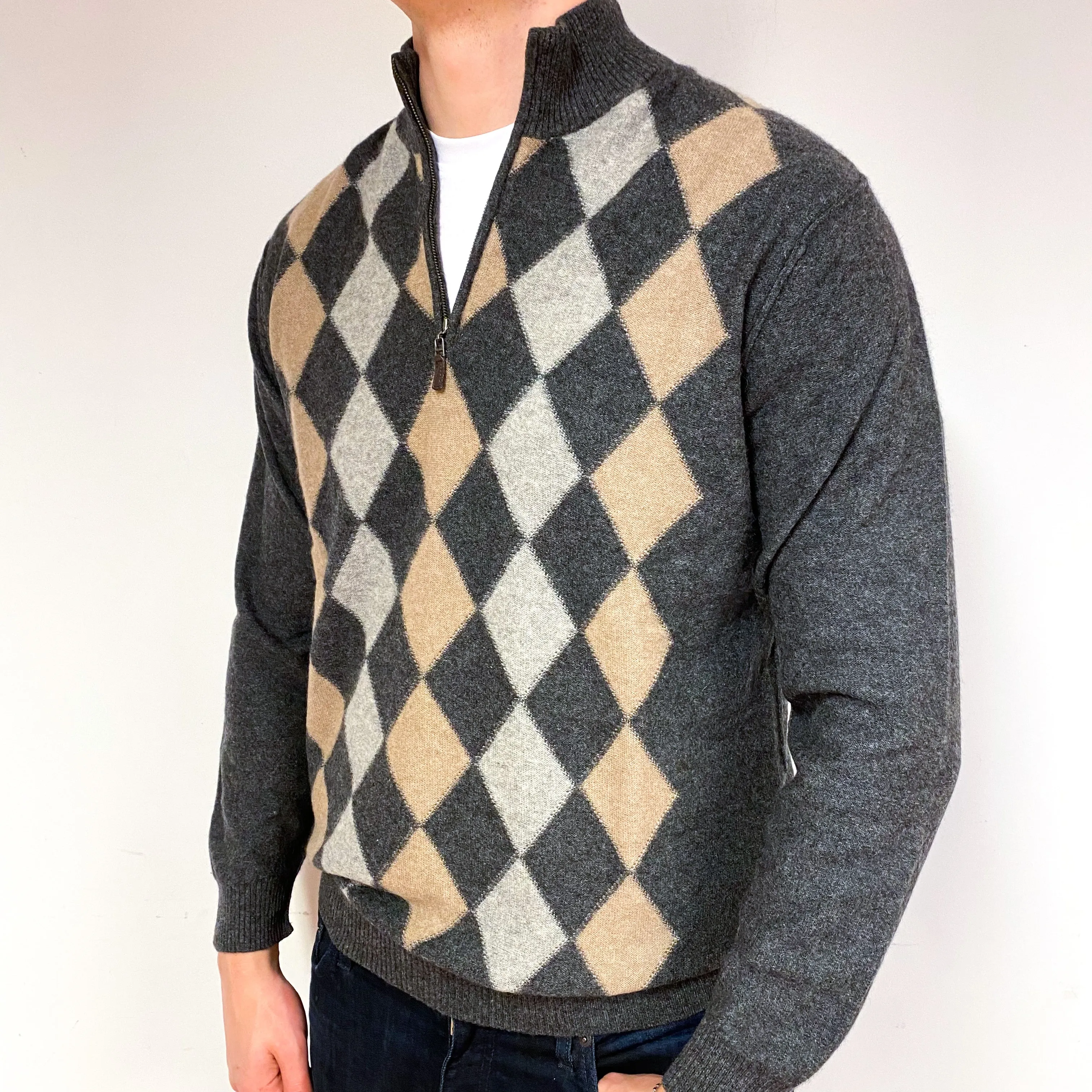 Men's Grey Beige Diamond Cashmere 1/4 Zip Jumper Extra Large