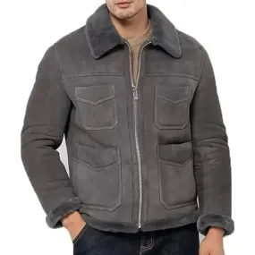 Men's Grey Suede Leather Shearling Jacket – Stylish & Warm