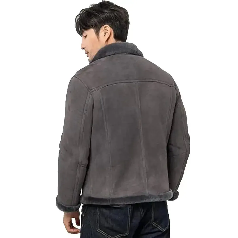 Men's Grey Suede Leather Shearling Jacket – Stylish & Warm