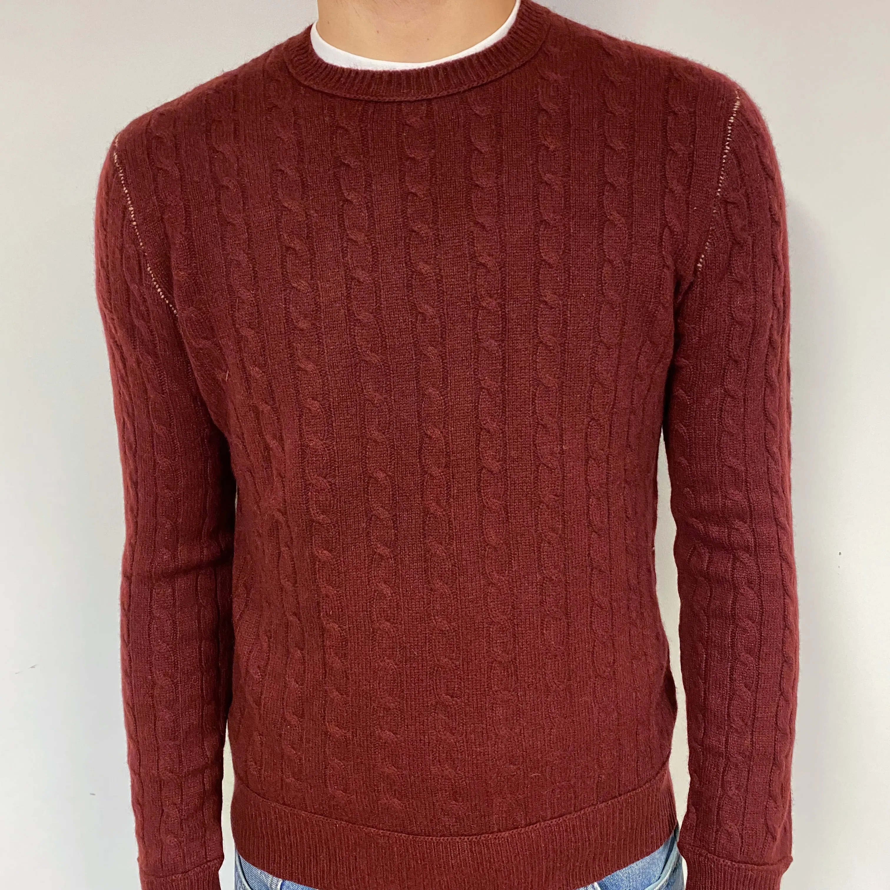Men's Maroon Red Cable Cashmere Crew Neck Jumper Medium
