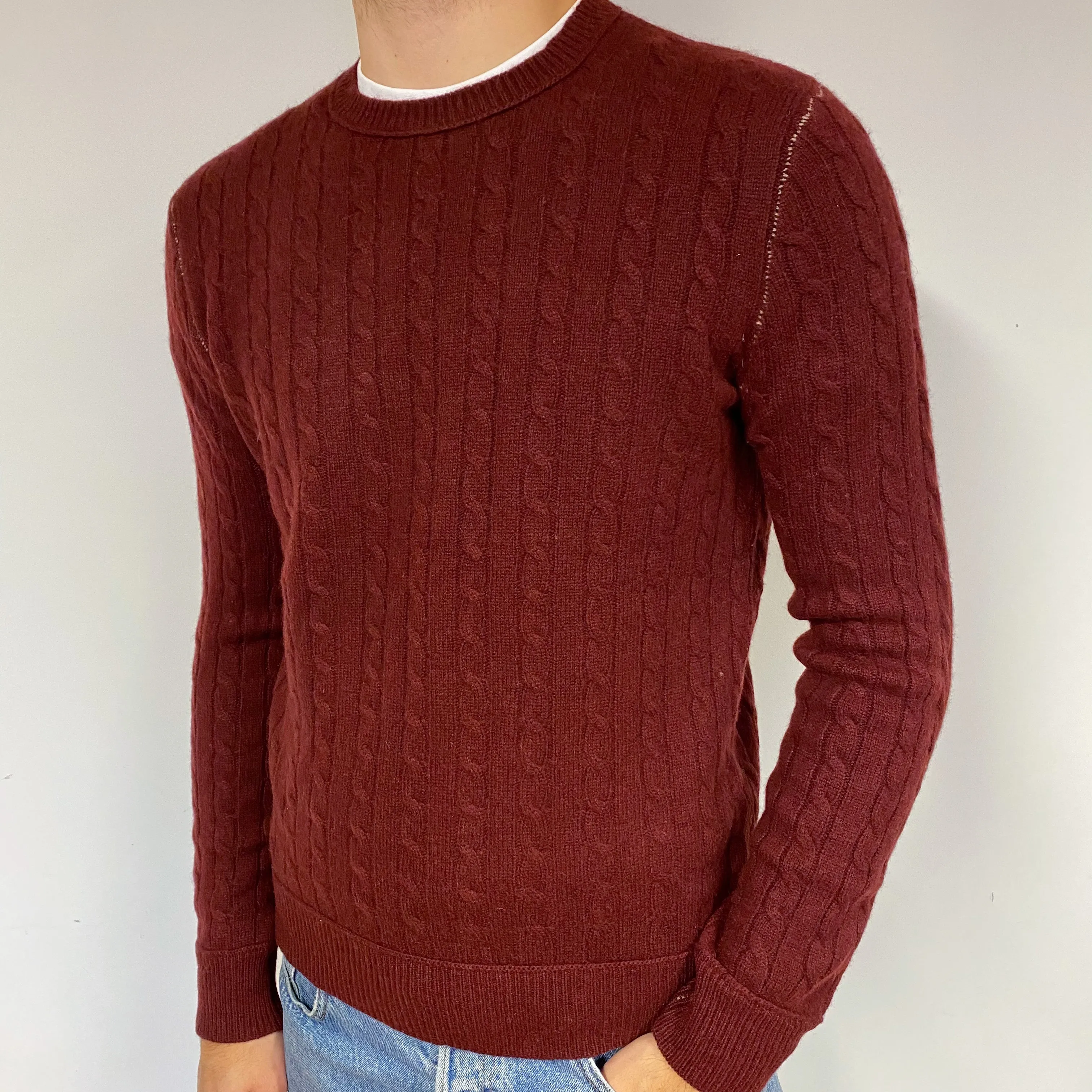Men's Maroon Red Cable Cashmere Crew Neck Jumper Medium