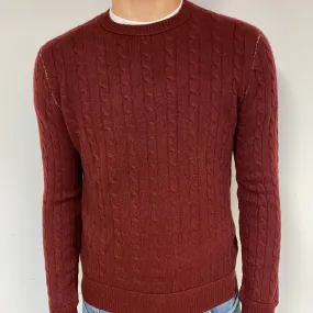 Men's Maroon Red Cable Cashmere Crew Neck Jumper Medium