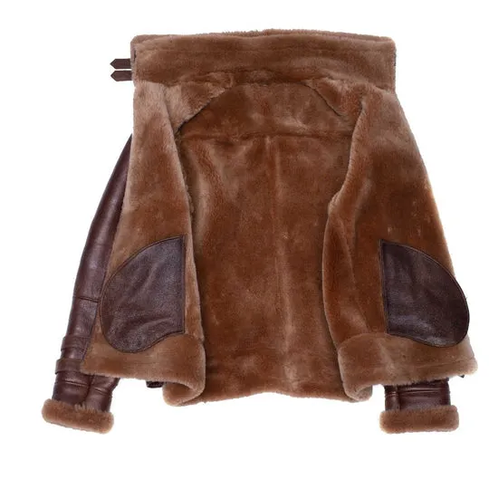 Men's Phan's Brown Aviator bomber shearling jacket with a waist belt