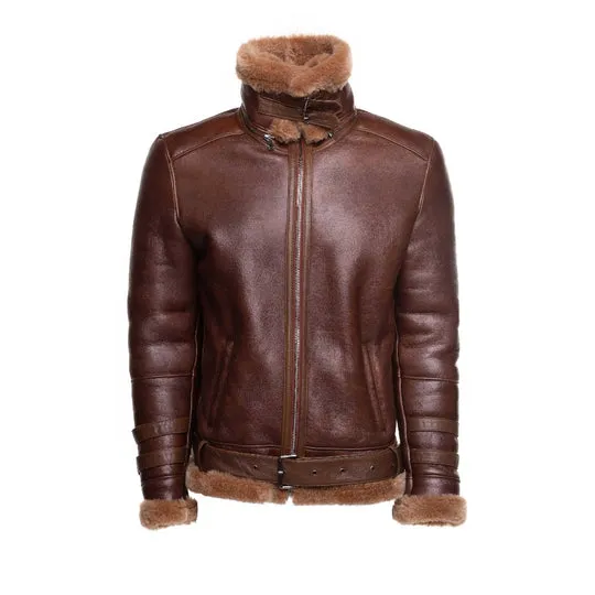 Men's Phan's Brown Aviator bomber shearling jacket with a waist belt
