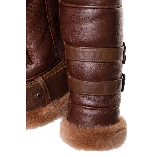 Men's Phan's Brown Aviator bomber shearling jacket with a waist belt