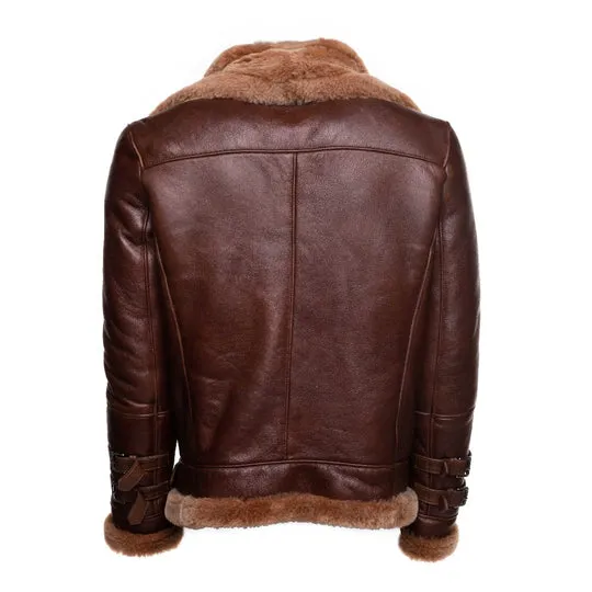 Men's Phan's Brown Aviator bomber shearling jacket with a waist belt