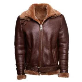 Men's Phan's Brown Aviator bomber shearling jacket with a waist belt