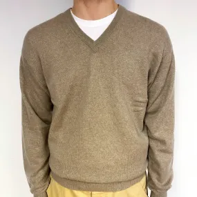 Men's Taupe Brown Cashmere V-Neck Jumper Large