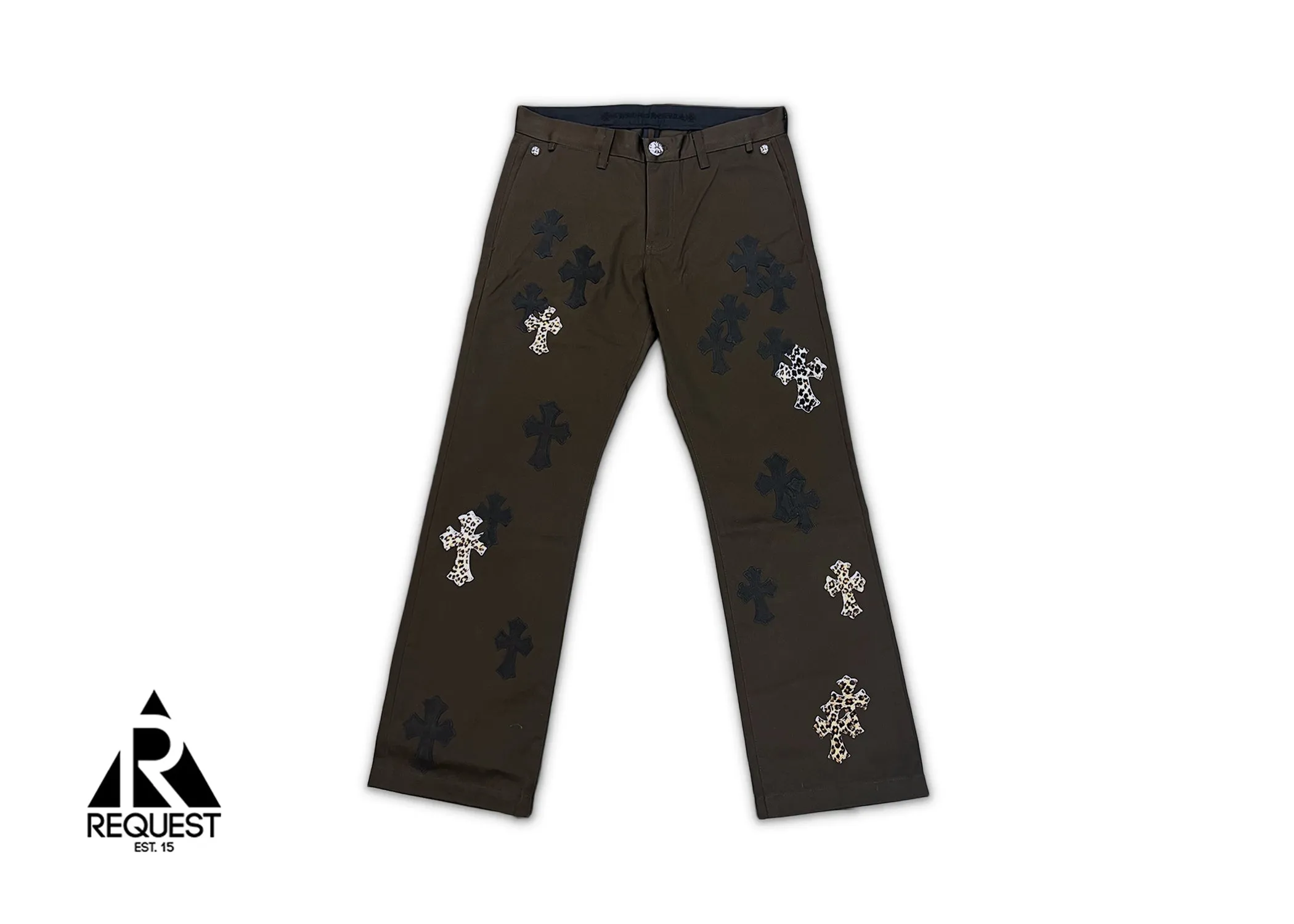Mocha Chino Pants "Black Leather & Leopard Pony Hair Crosses"