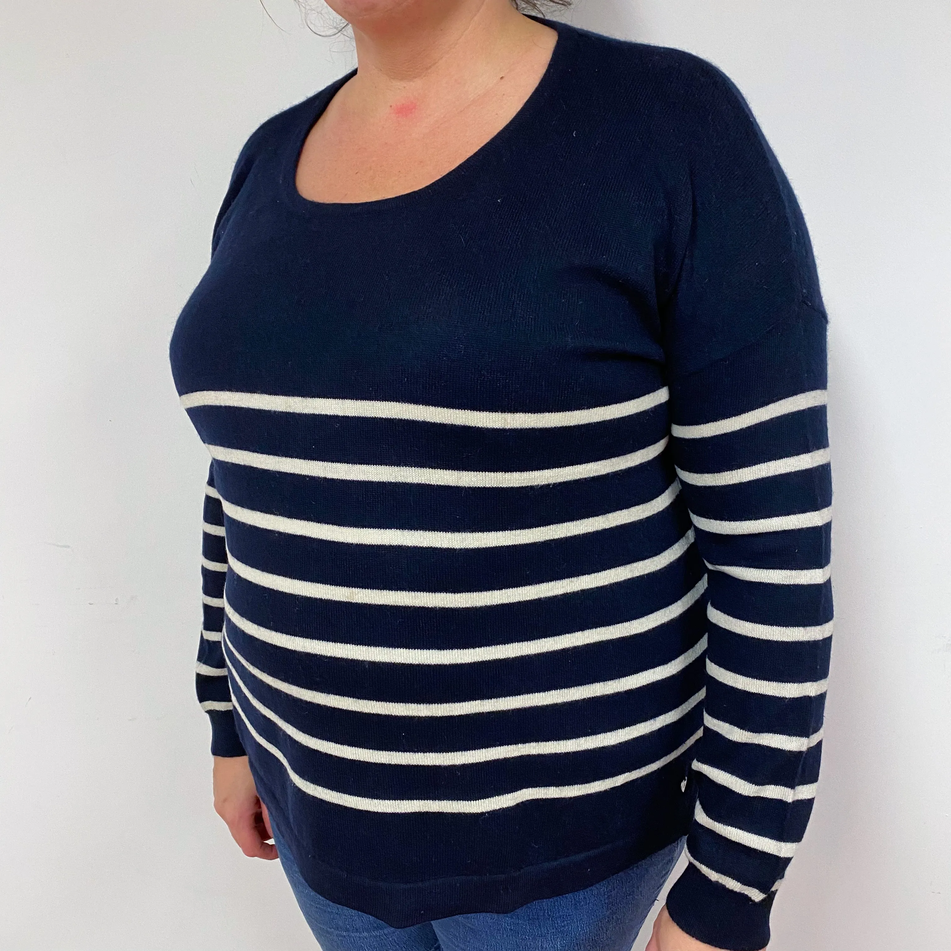Navy Cream Stripe Cashmere Crew Neck Jumper Extra Large