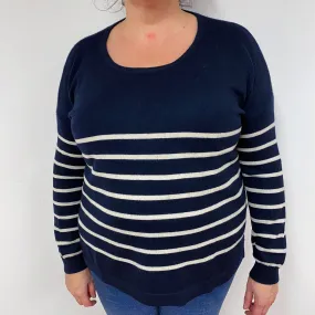 Navy Cream Stripe Cashmere Crew Neck Jumper Extra Large