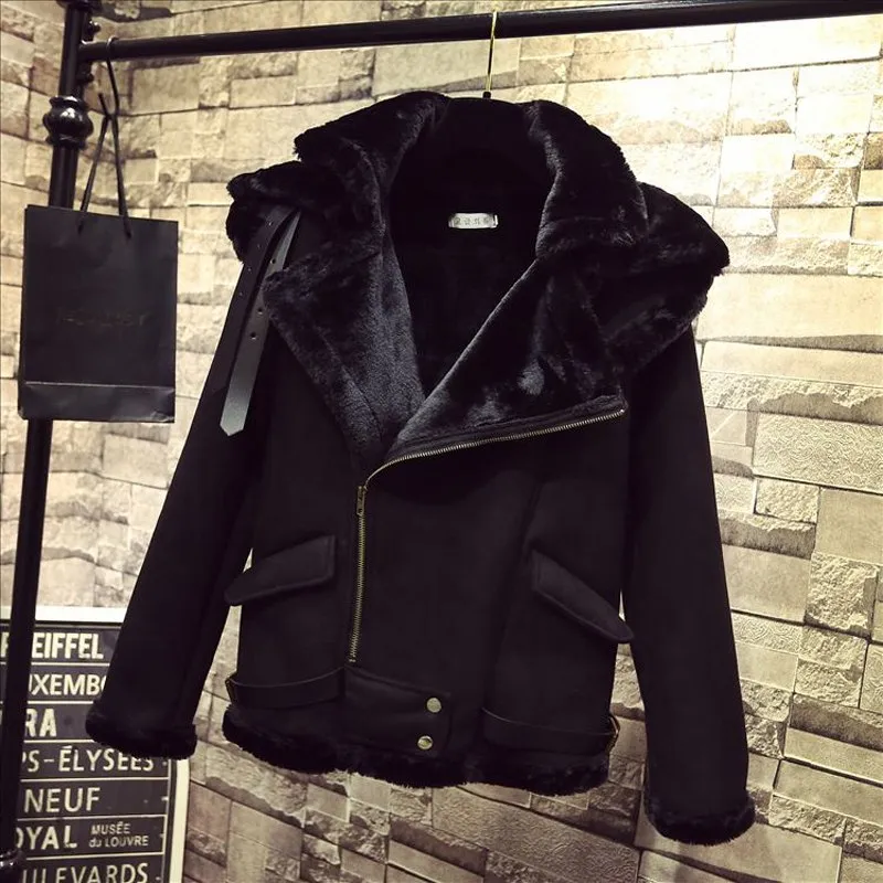 New 2017 Winter Women Motorcycle Faux Lambs Wool Coat Female Thick Warm Shearling Coats Faux Suede Leather Jackets Black H153