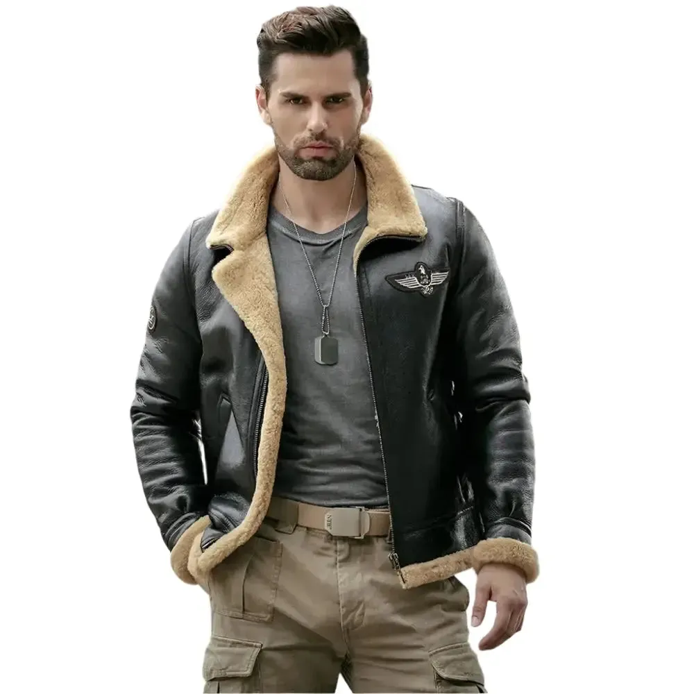 New Men's Black B3 Shearling Motorcycle Jacket – Sheepskin Fur Coat