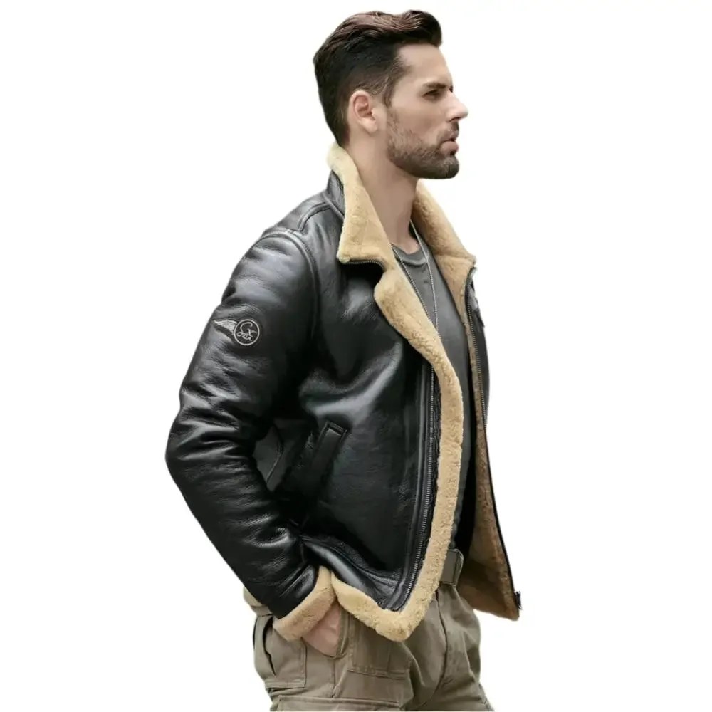 New Men's Black B3 Shearling Motorcycle Jacket – Sheepskin Fur Coat