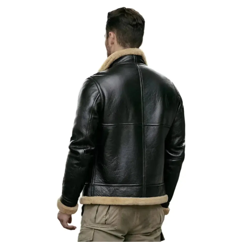 New Men's Black B3 Shearling Motorcycle Jacket – Sheepskin Fur Coat