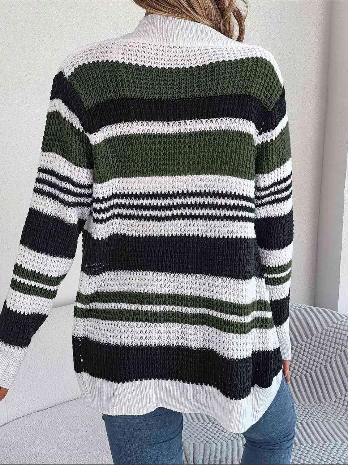 Open Front Striped Long Sleeve Cardigan