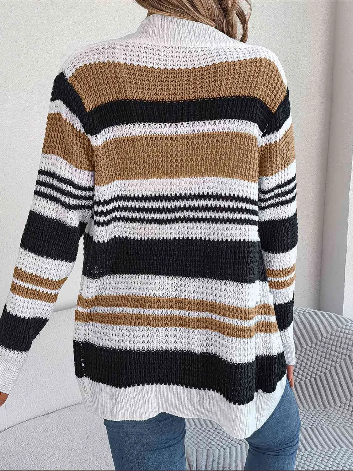 Open Front Striped Long Sleeve Cardigan