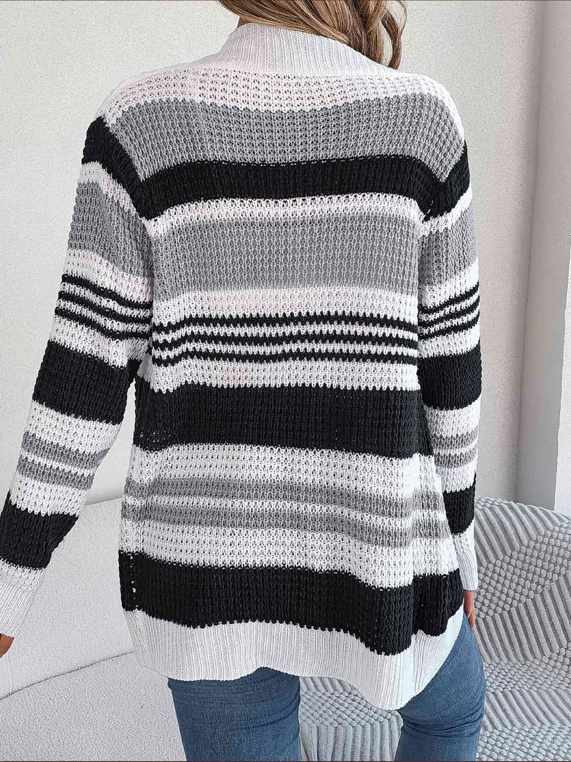 Open Front Striped Long Sleeve Cardigan