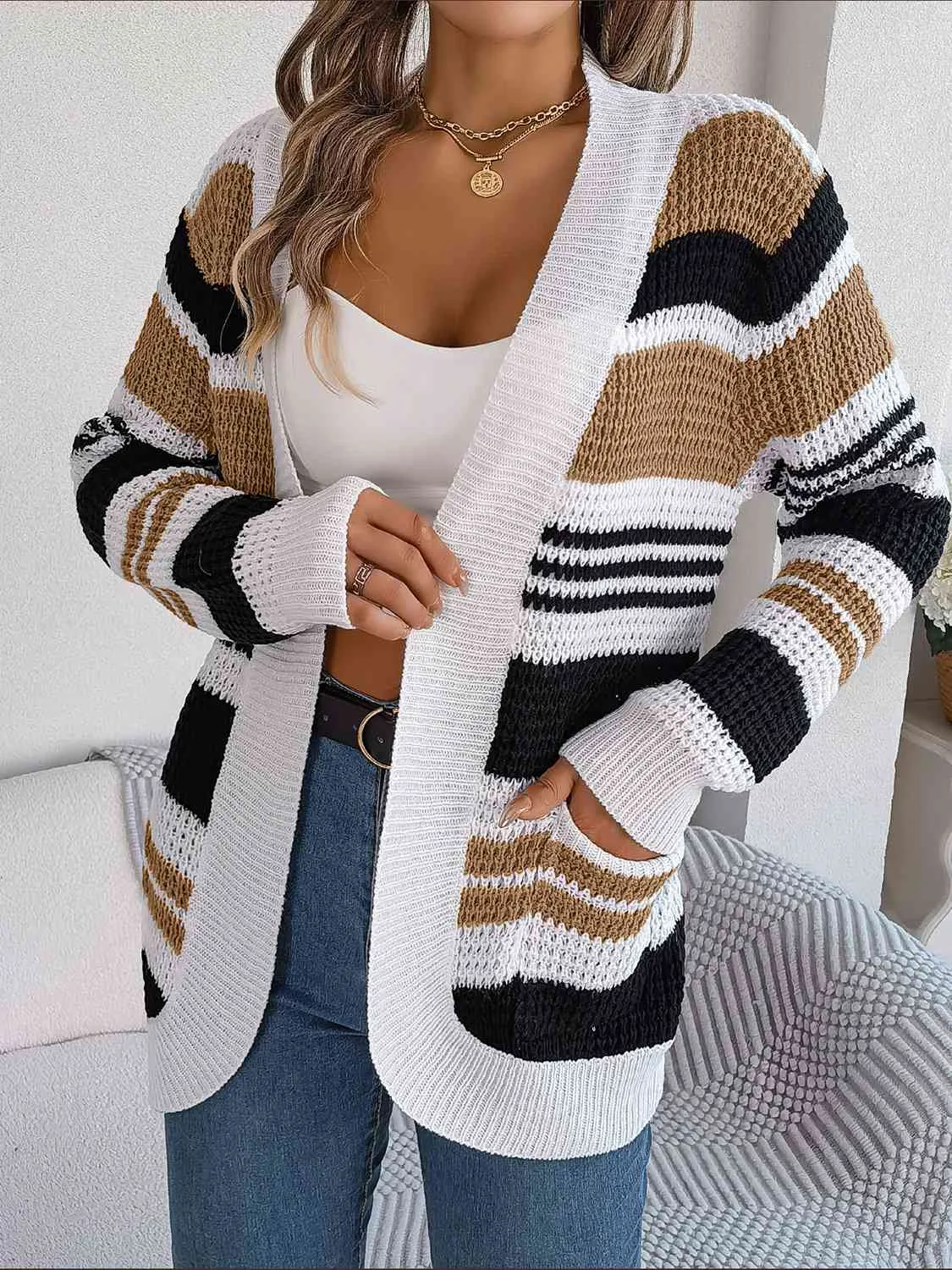 Open Front Striped Long Sleeve Cardigan