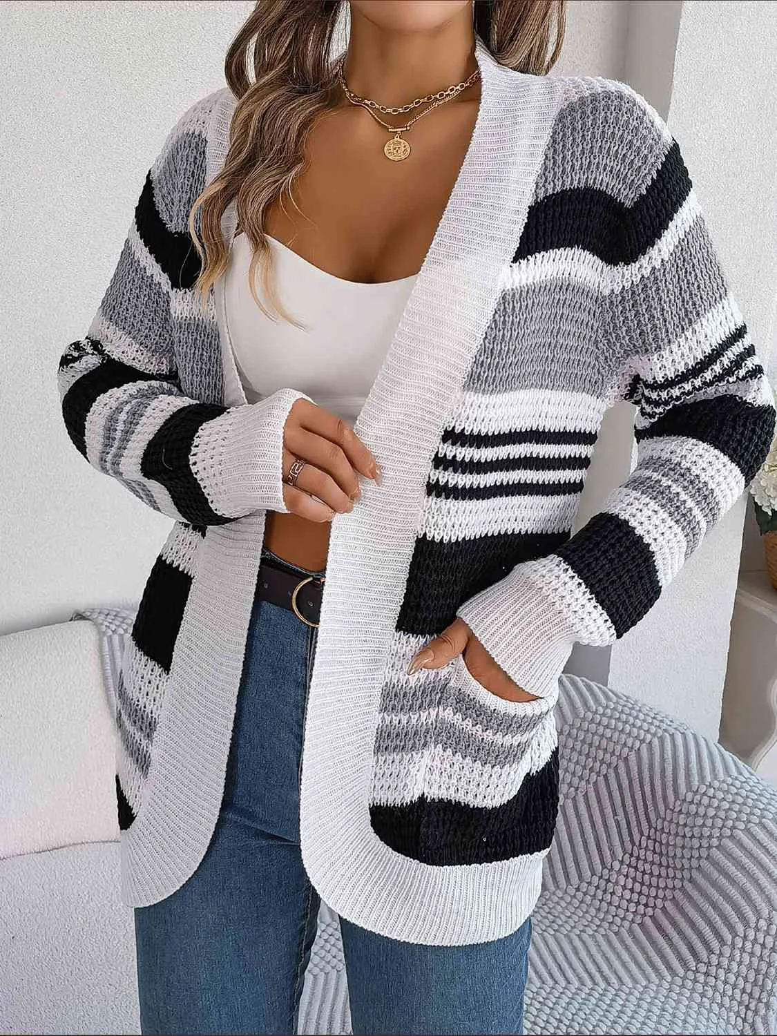 Open Front Striped Long Sleeve Cardigan