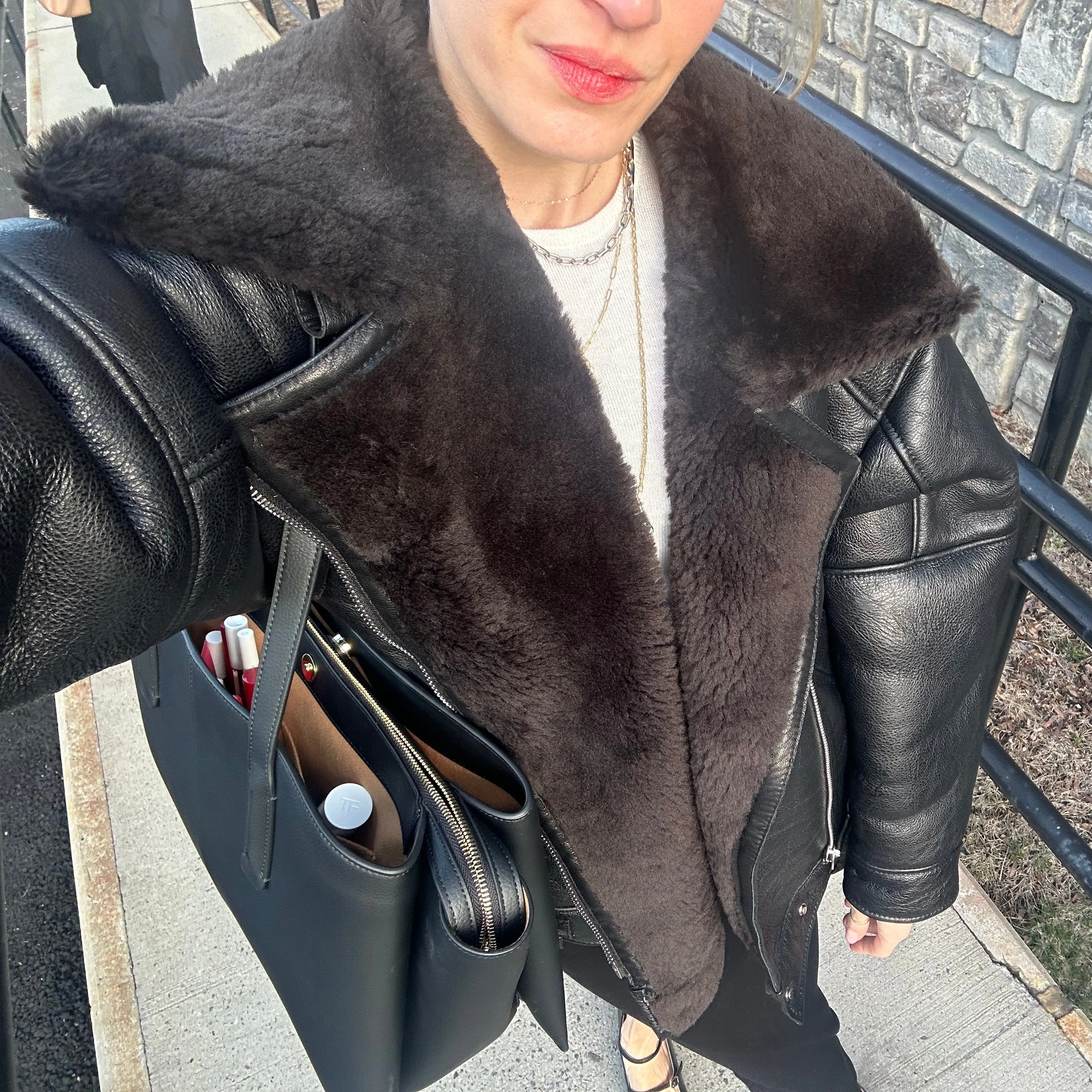 Oversized Plush Shearling Leather Bomber Jacket