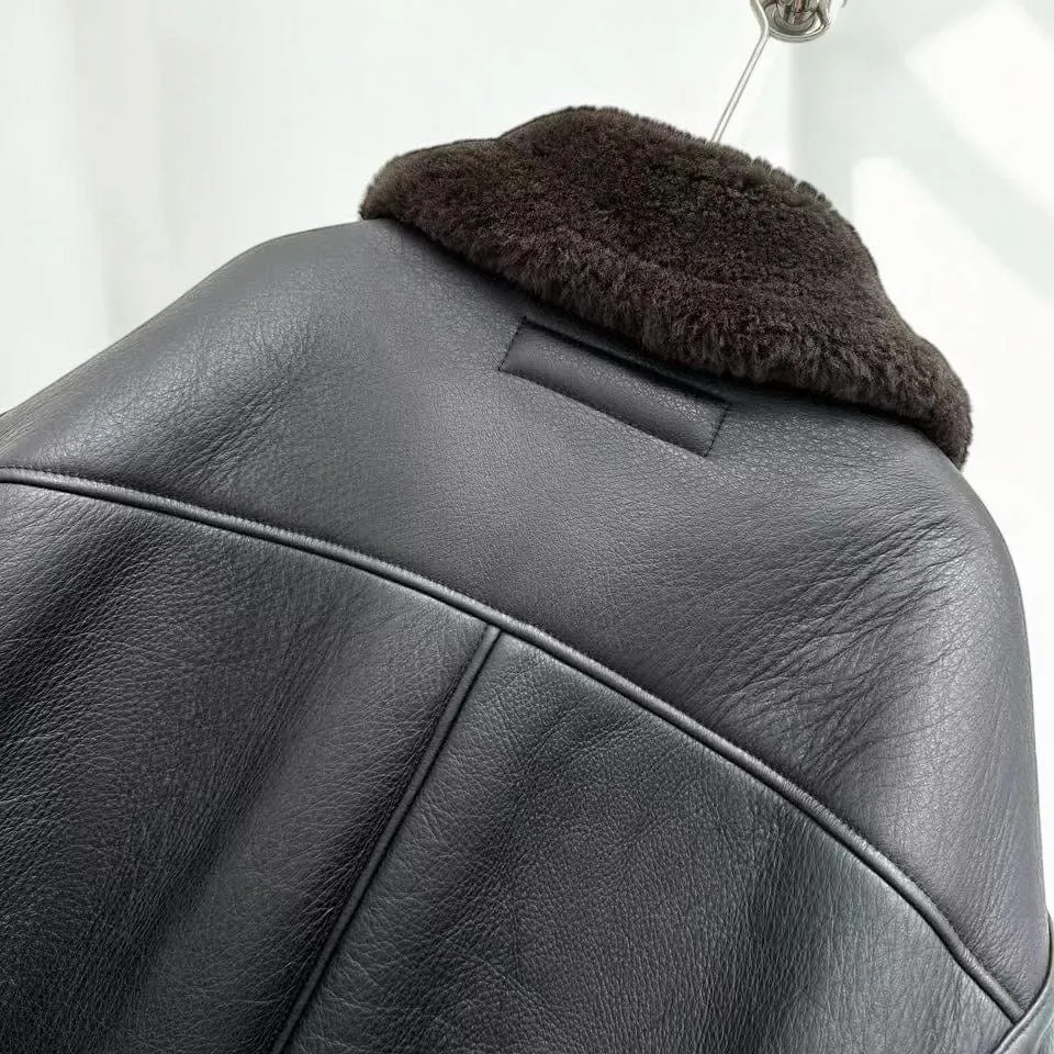 Oversized Plush Shearling Leather Bomber Jacket