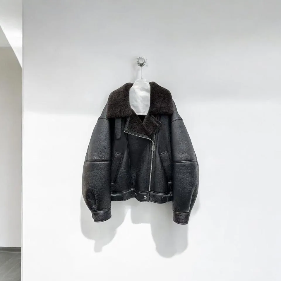 Oversized Plush Shearling Leather Bomber Jacket