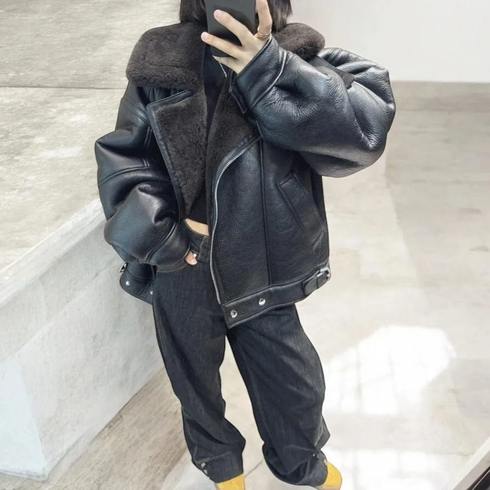 Oversized Plush Shearling Leather Bomber Jacket