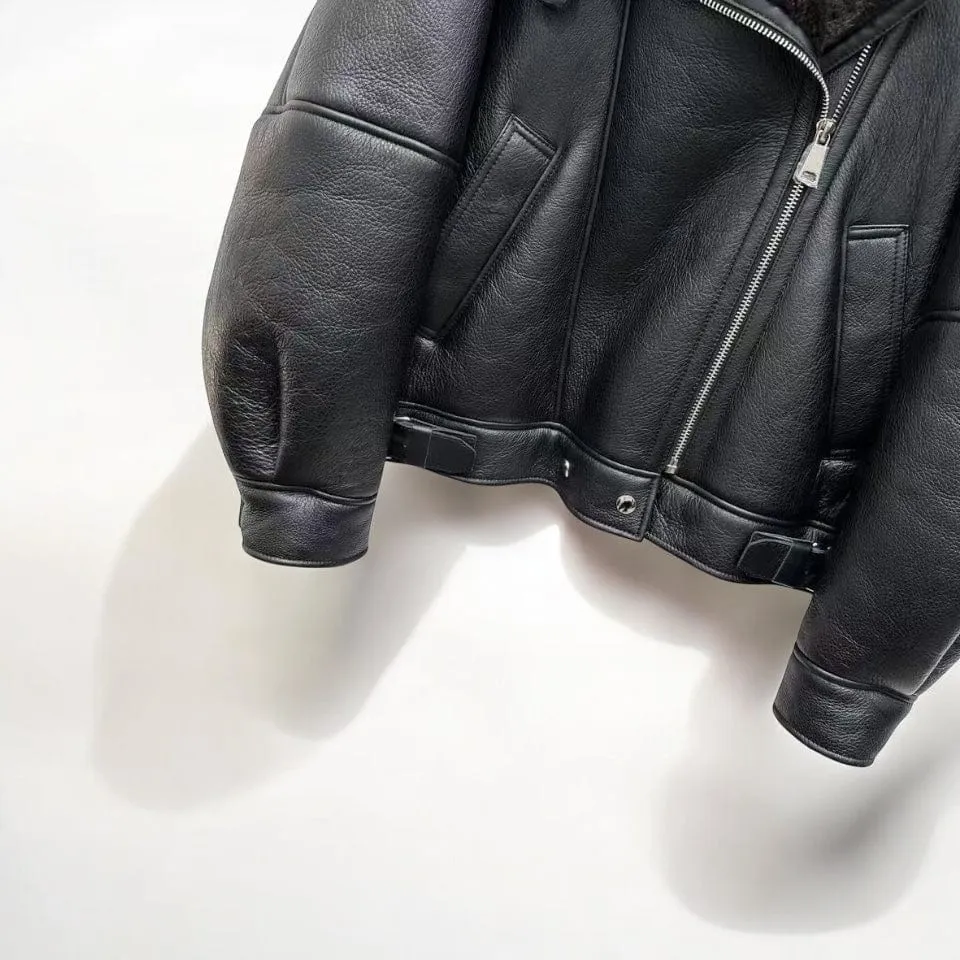 Oversized Plush Shearling Leather Bomber Jacket