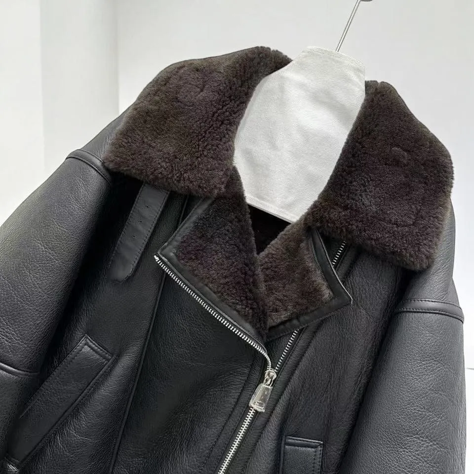 Oversized Plush Shearling Leather Bomber Jacket