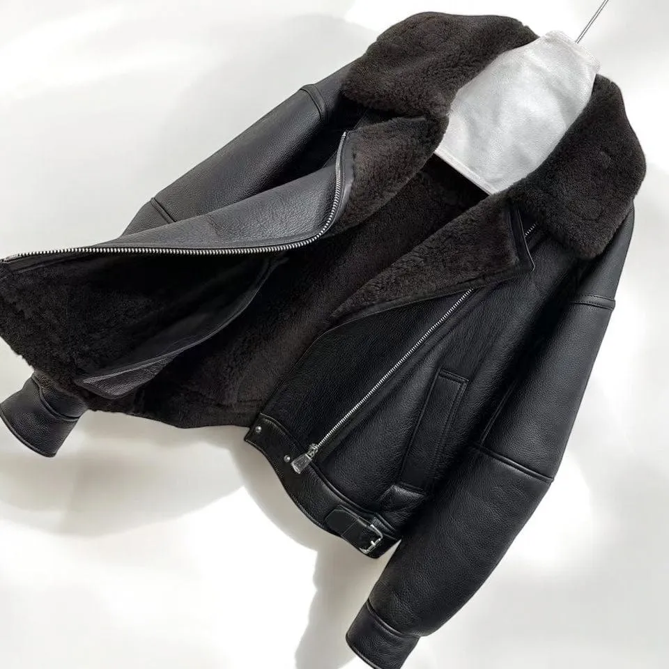 Oversized Plush Shearling Leather Bomber Jacket