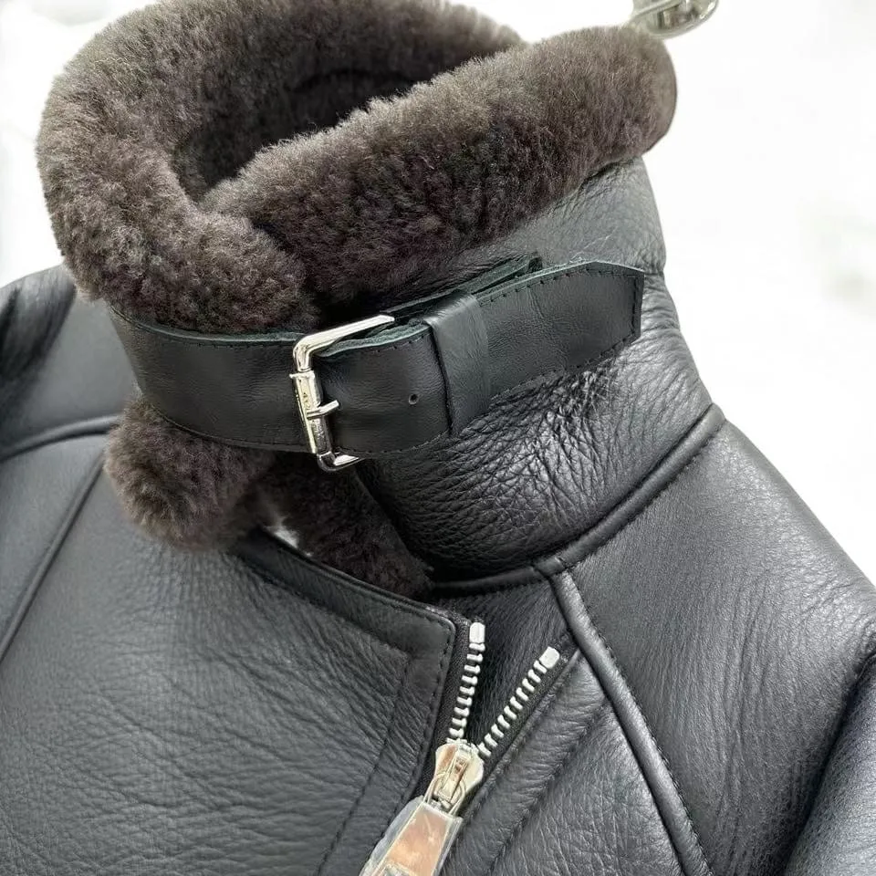 Oversized Plush Shearling Leather Bomber Jacket