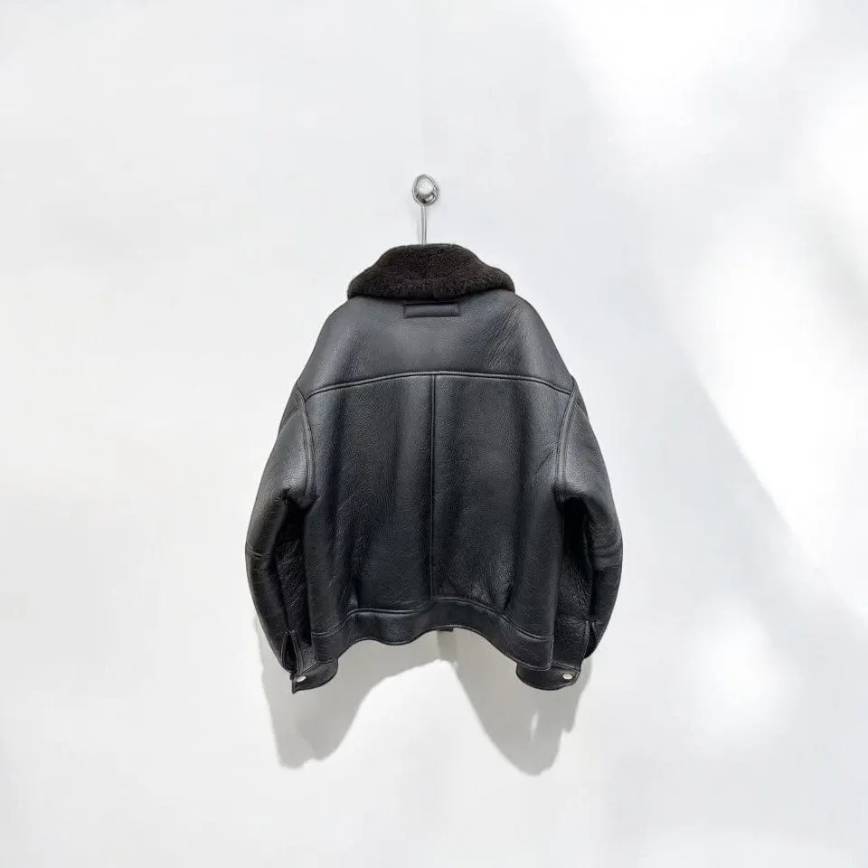 Oversized Plush Shearling Leather Bomber Jacket