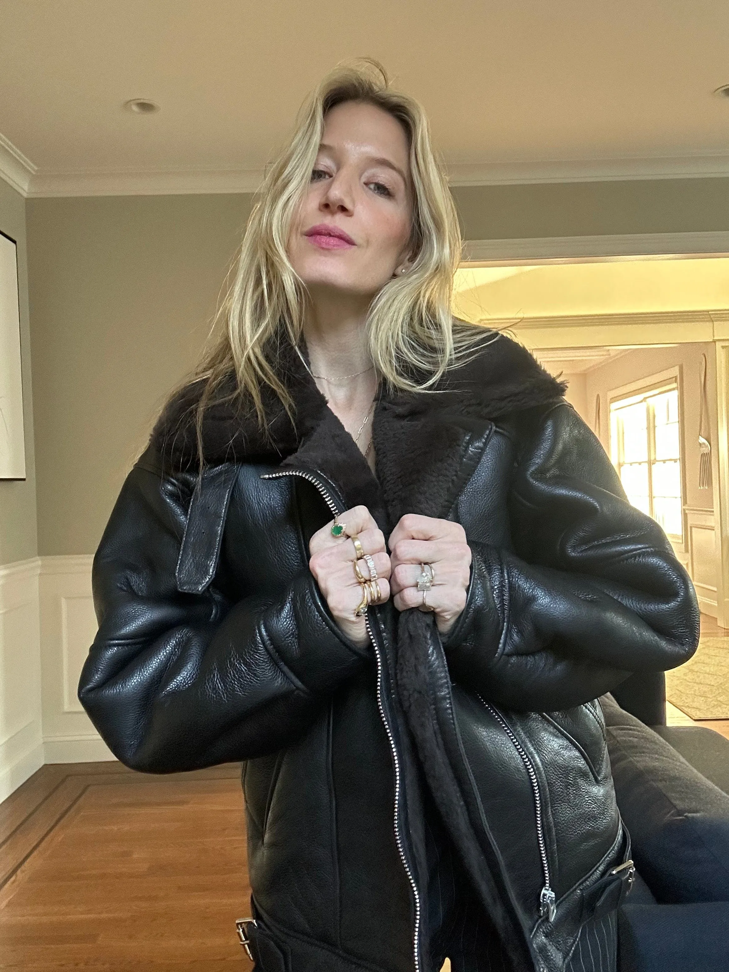 Oversized Plush Shearling Leather Bomber Jacket
