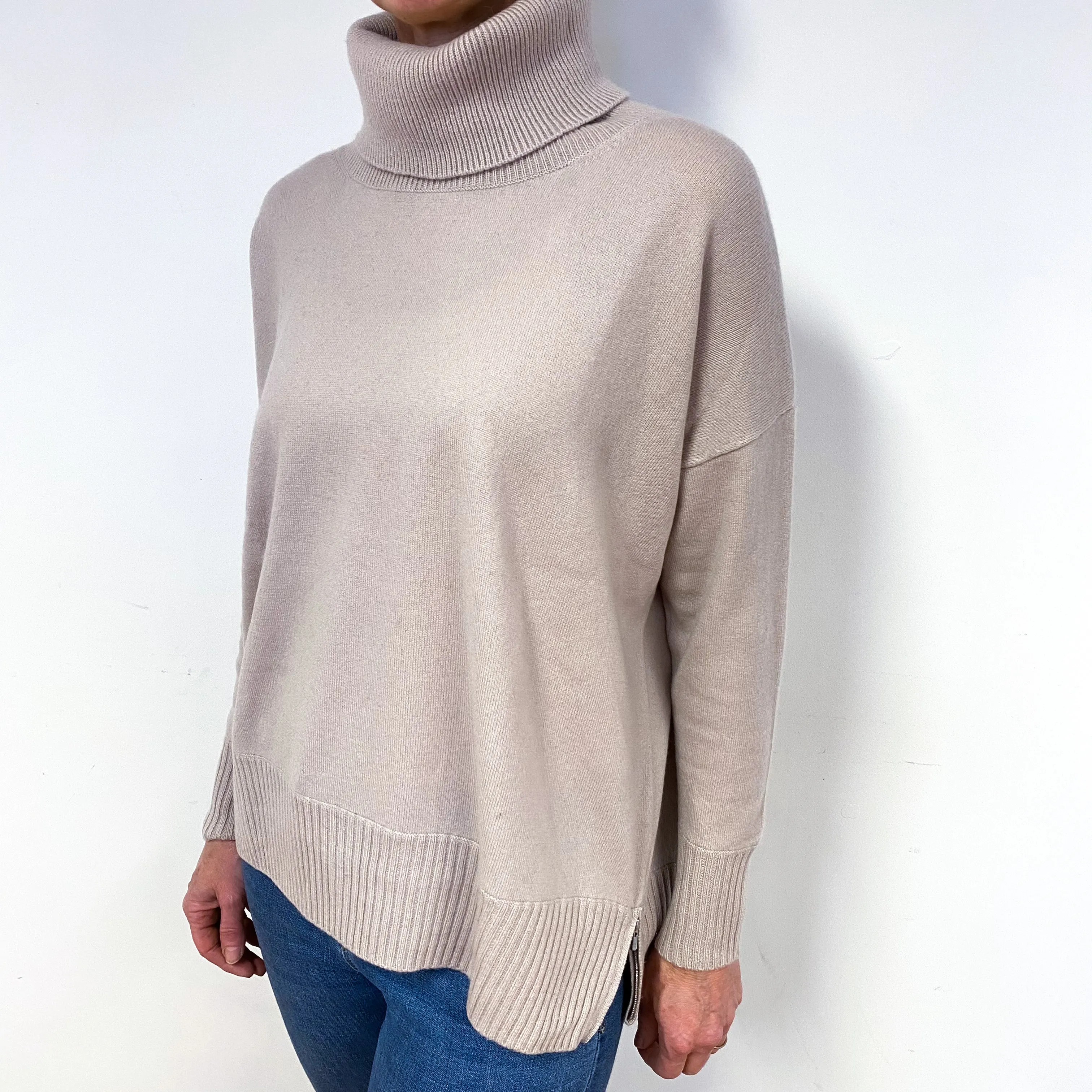 Palest Grey Pink Cashmere Polo Neck Jumper Medium
