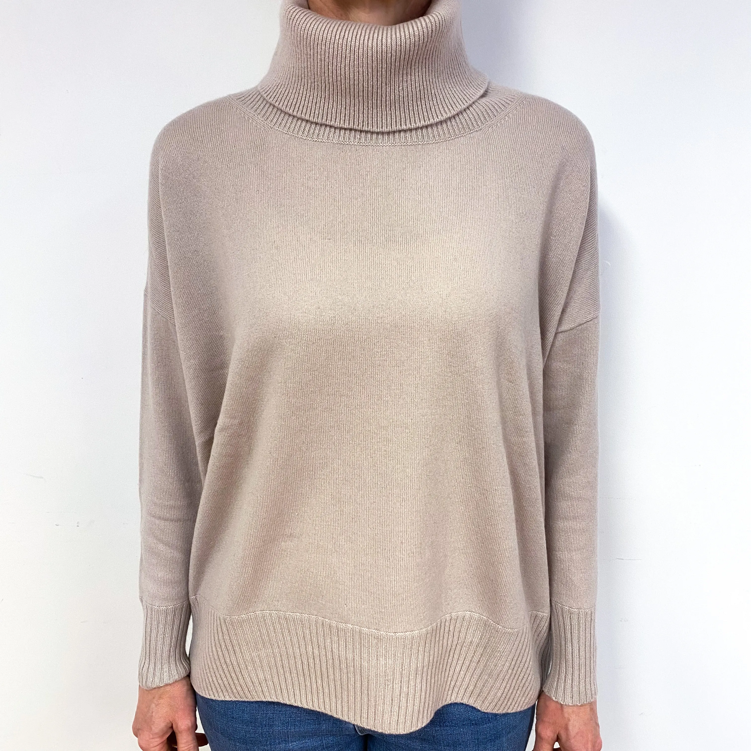 Palest Grey Pink Cashmere Polo Neck Jumper Medium
