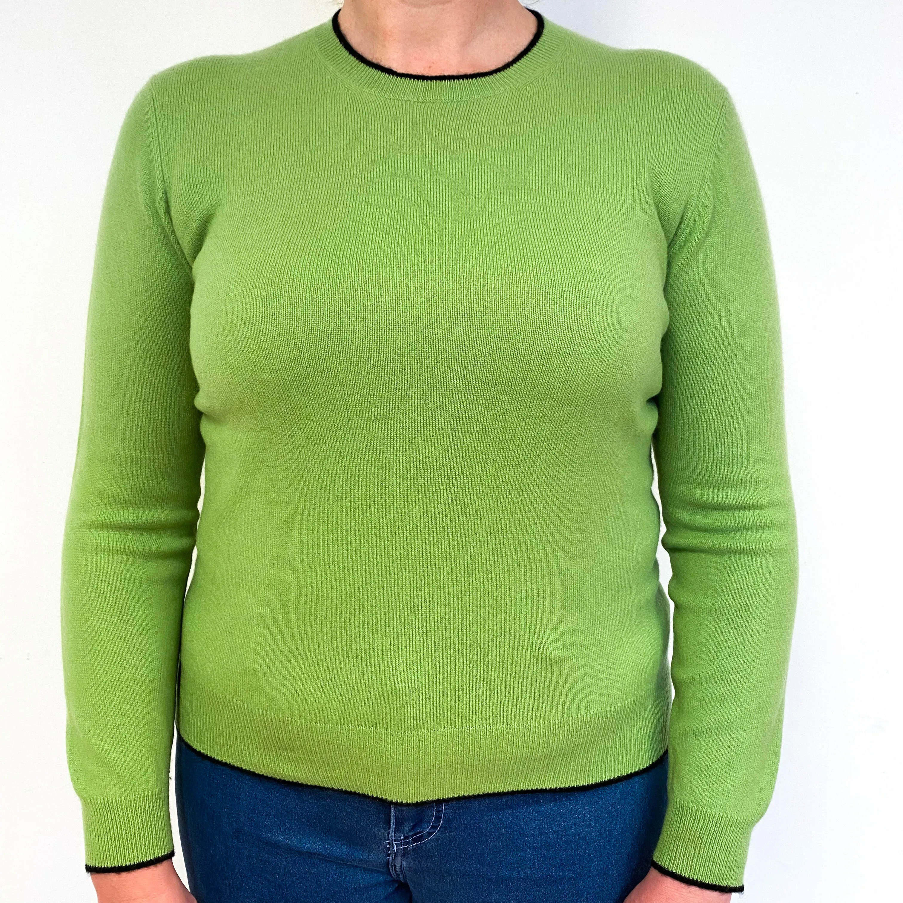 Pear Green Black Trim Cashmere Crew Neck Jumper Large