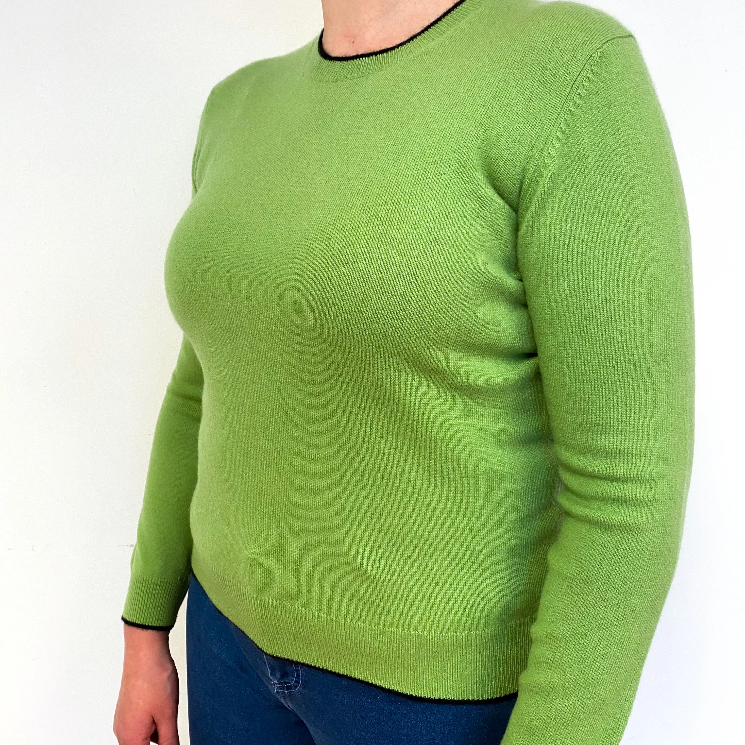 Pear Green Black Trim Cashmere Crew Neck Jumper Large